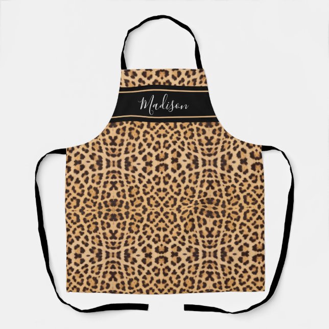Modern Chic Leopard Animal Print Monogram Name Apron (Front)
