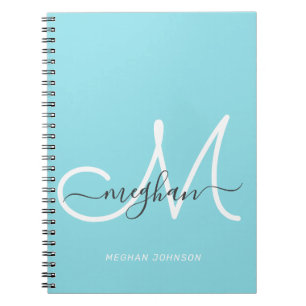 Modern Chic Light Blue White Script Monogrammed Notebook