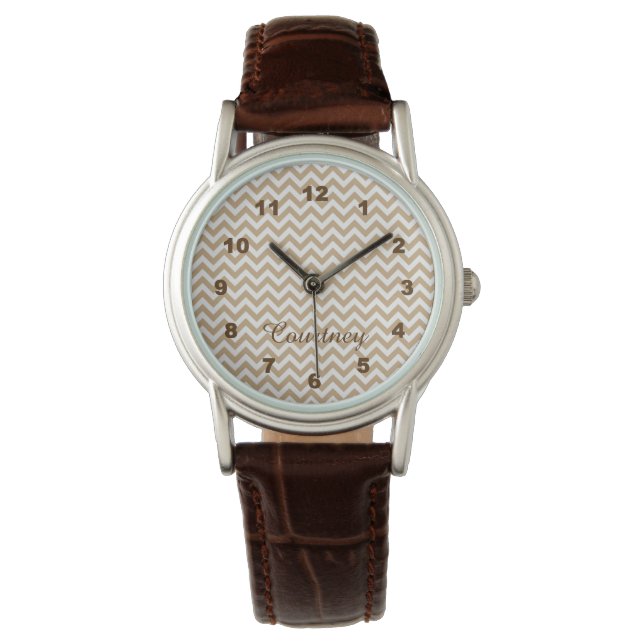 Modern Chic Light Honey Brown Chevron Monogram Watch (Front)