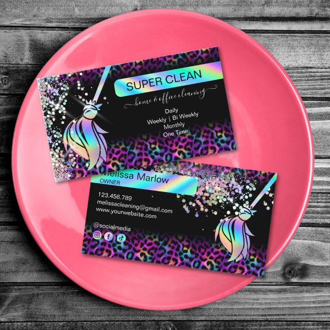 Modern Chic Maid Cleaning House Holograph Leopard Business Card (modern leopard holographic cleaning services)