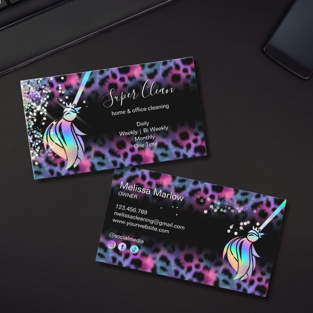 Modern Chic Maid Cleaning House Holograph Leopard Business Card (holographic leopard cleaning services business card)