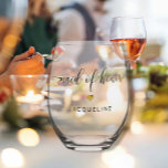 Modern Chic Maid of Honour Script Gold Heart Name Stemless Wine Glass<br><div class="desc">MAID OF HONOR - Elegant.  Simple.  Minimalistic.  A beautiful personalised wine glass gift for your Bachelorette party use and then to treasure the memories for ever!  Modern,  simple calligraphy text design with your Bridesmaid,  Maid of Honour,  Best man or Groomsmen's names customised.</div>