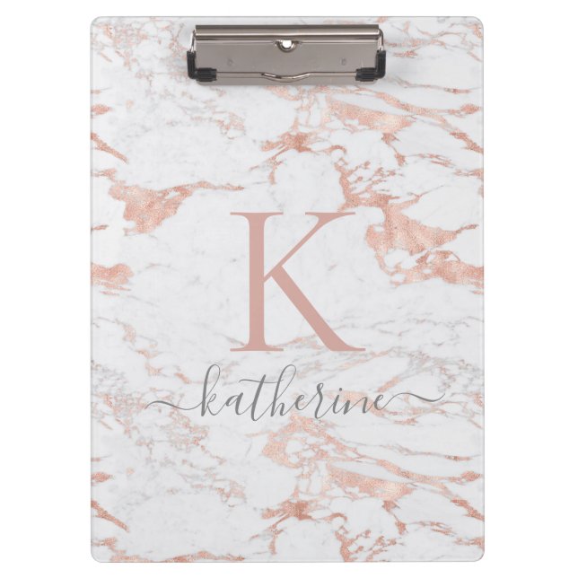 Modern Chic Marble Rose Gold Foil Monogram Clipboard (Front)