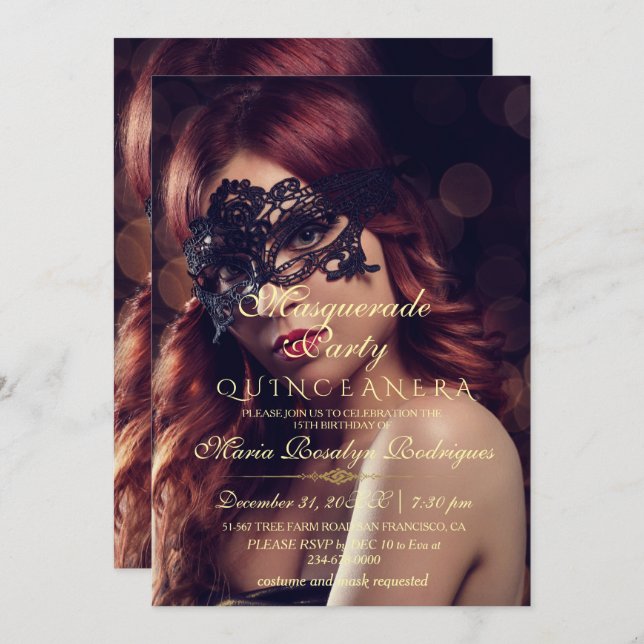 Modern Chic Masquerade Quinceanera Photo  Invitation (Front/Back)