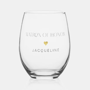 Modern Chic Matron of Honour Script Gold Heart Nam Stemless Wine Glass