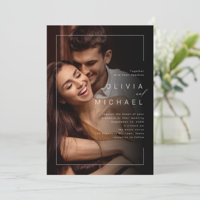Modern chic minimalist photo wedding invitation (Standing Front)