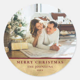Modern Chic Minimalist Red & Gold Christmas Photo Classic Round Sticker