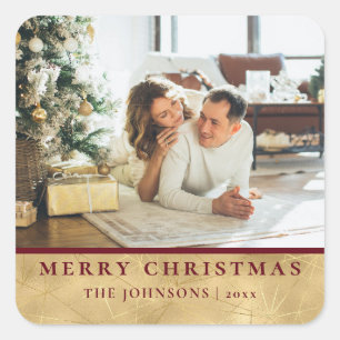 Modern Chic Minimalist Red & Gold Christmas Photo Square Sticker
