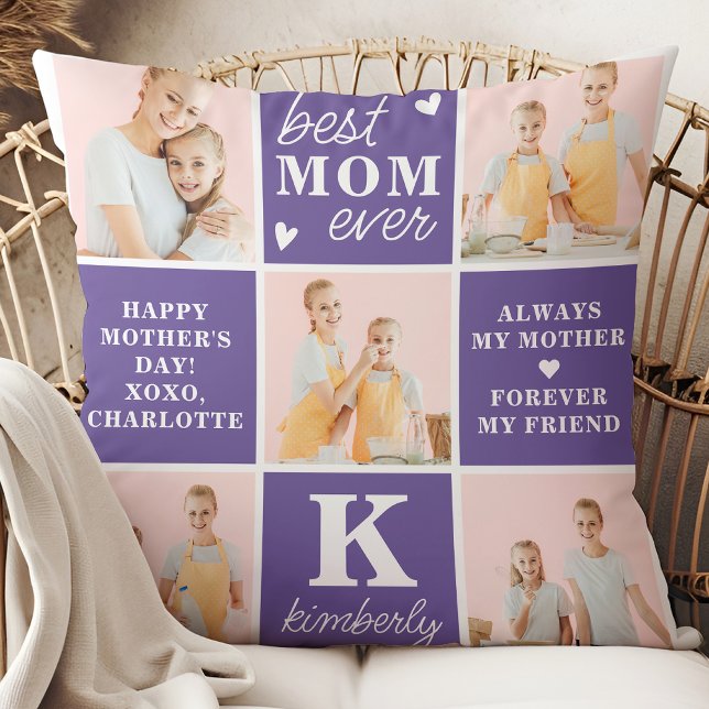 Modern Chic MOM Personalised Photo Collage Purple Cushion (Creator Uploaded)