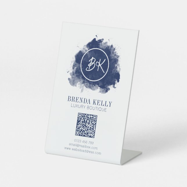 Modern Chic Monogram Navy & White QR Code Business Pedestal Sign (Front)