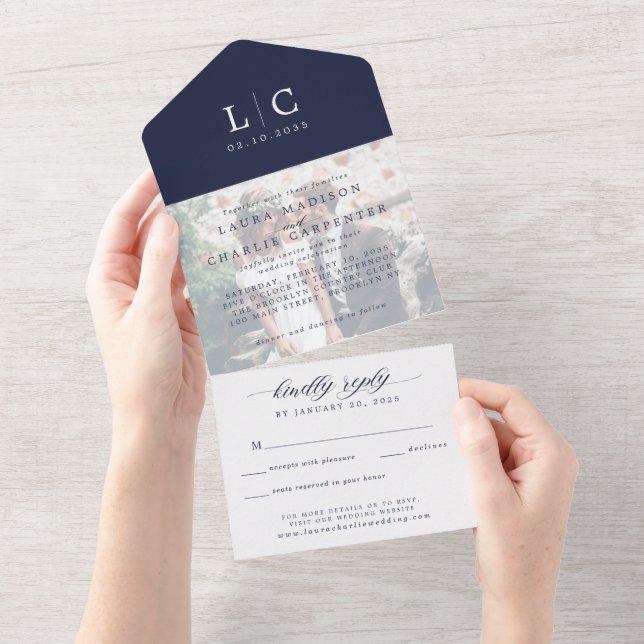 Modern Chic Monogram Photo RSVP Navy Blue Wedding All In One Invitation (Tearaway)