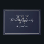 Modern Chic Monogram Script Name Wedding Welcome  Doormat<br><div class="desc">Modern Chic Monogram Script Name Wedding Welcome Doormat. Personalised white, grey monogram design with bride and groom last name and date established on a navy blue background. A unique cool gift for newlyweds. Lovely for their new life together. Click personalise this template to customise it quickly and easily. Ships Worldwide...</div>