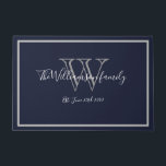 Modern Chic Monogram Script Name Wedding Welcome  Doormat<br><div class="desc">Modern Chic Monogram Script Name Wedding Welcome Doormat. Personalised white, grey monogram design with bride and groom last name and date established on a navy blue background. A unique cool gift for newlyweds. Lovely for their new life together. Click personalise this template to customise it quickly and easily. Ships Worldwide...</div>