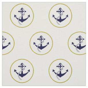 Modern Chic Nautical Anchor Navy Blue White Gold Fabric