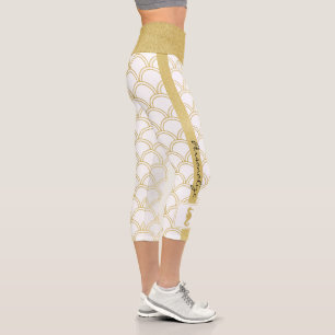 Modern Chic Nautical Pattern Gold Glitter Seahorse Capri Leggings
