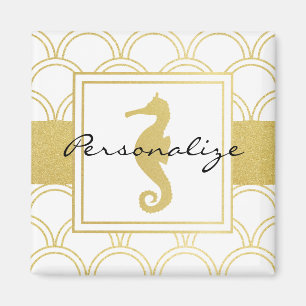 Modern Chic Nautical Pattern Gold Glitter Seahorse Magnet