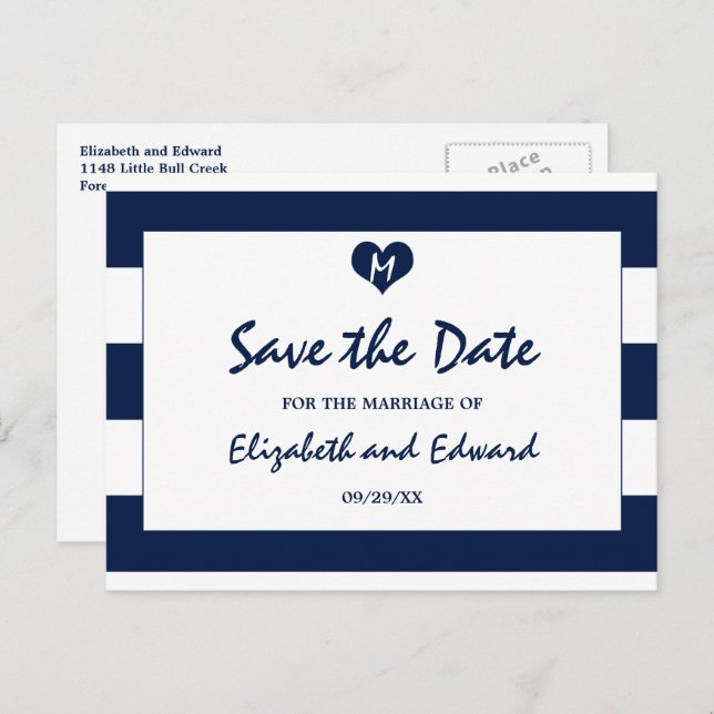 Modern Chic Navy and White Wedding Save The Date Announcement Postcard (Front/Back)