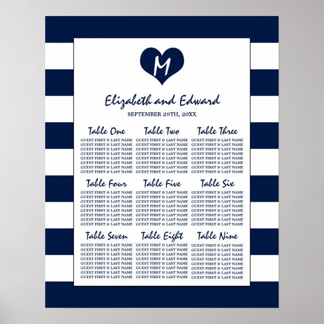 Modern Chic Navy and White Wedding Seating Chart (Front)