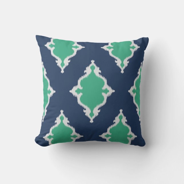 Modern chic navy blue and green ikat pillow (Front)