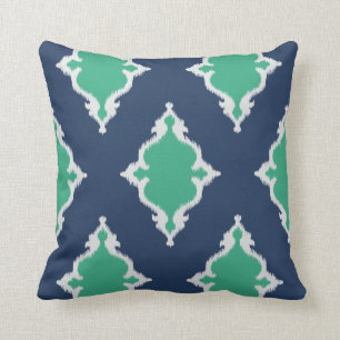 Modern chic navy blue and green ikat pillow