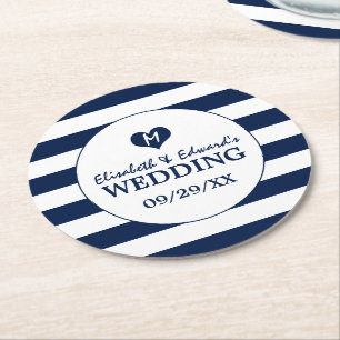 Modern Chic Navy Blue and White Wedding Round Paper Coaster