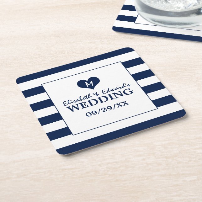 Modern Chic Navy Blue and White Wedding Square Paper Coaster (Angled)