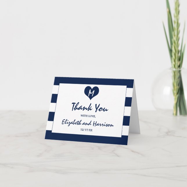 Modern Chic Navy Blue and White Wedding Thank You Card (Front)