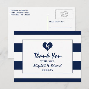 Modern Chic Navy Blue and White Wedding Thank You Postcard