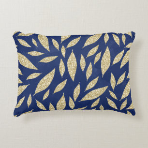 Modern chic navy blue gold glitter leaf watercolor decorative cushion