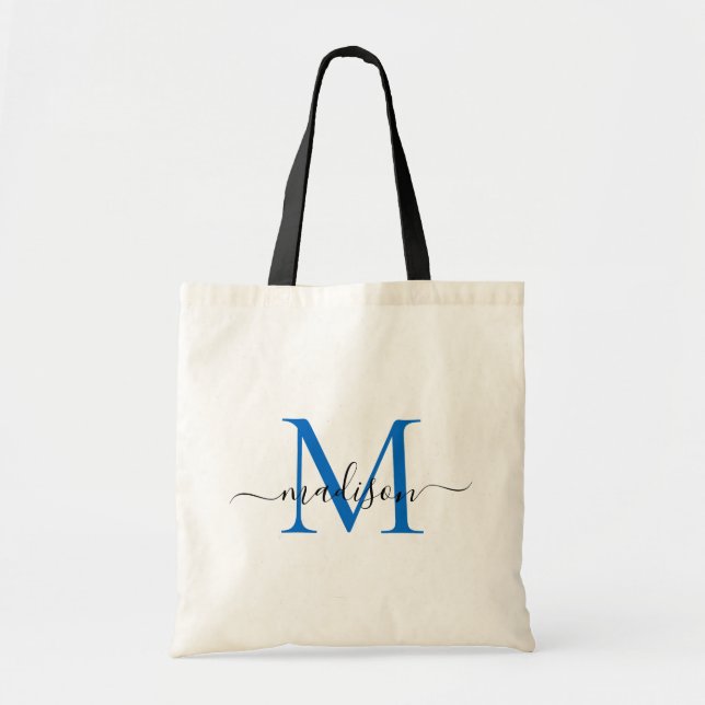 Modern Chic Navy Blue Monogram Elegant Script Name Tote Bag (Front)
