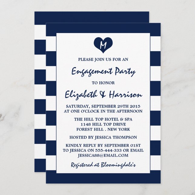 Modern Chic Navy Blue & White Engagement Party Invitation (Front/Back)