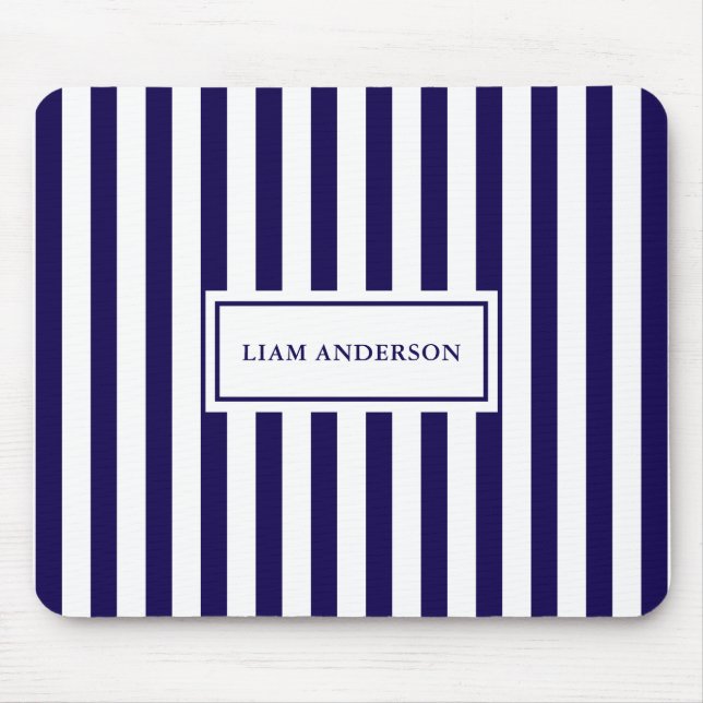 Modern Chic Navy Blue & White Vertical Stripes  Mouse Pad (Front)