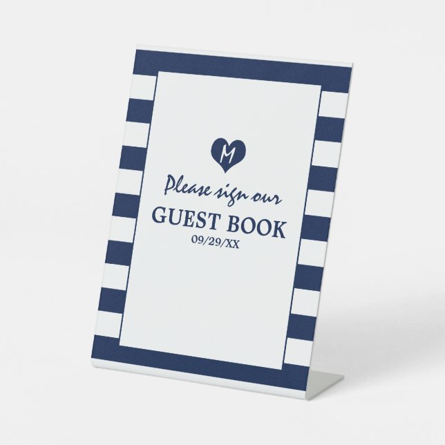 Modern Chic Navy Blue & White Wedding Pedestal Sign (Front)