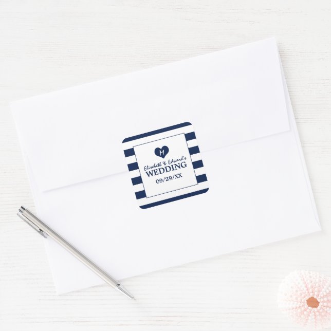 Modern Chic Navy Blue & White Wedding Square Sticker (Envelope)