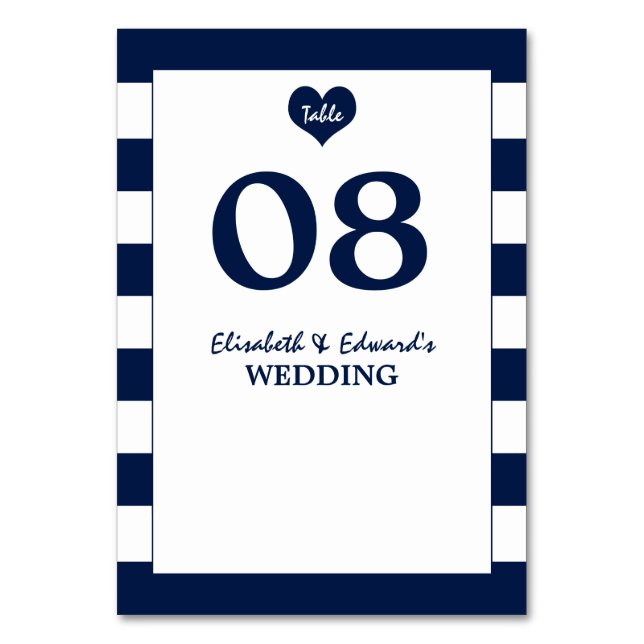 Modern Chic Navy Blue & White Wedding Table Number (Front)