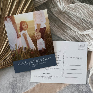 Modern Chic   Navy Christmas Photo Year in Review Holiday Postcard