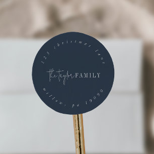 Modern Chic   Navy Family Circular Return Address Classic Round Sticker