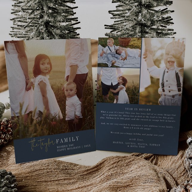 Modern Chic Navy Foil Family Photo Year in Review Foil Holiday Card (Creator Uploaded)