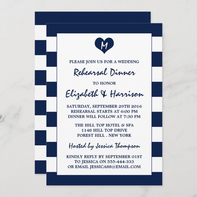 Modern Chic Navy & White Wedding Rehearsal Dinner Invitation (Front/Back)