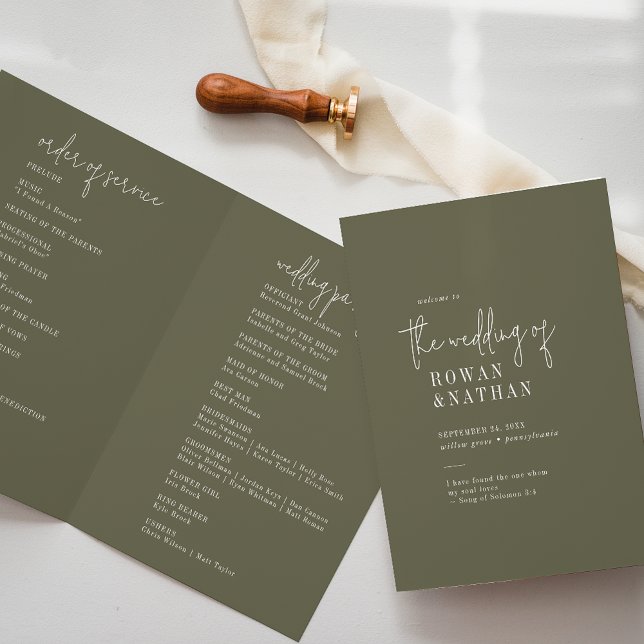 Modern Chic Olive Green Folded Wedding Program (Creator Uploaded)