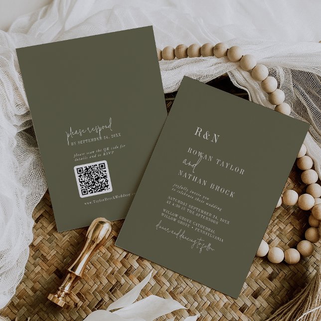 Modern Chic Olive Green Monogram QR Code Wedding Invitation (Creator Uploaded)