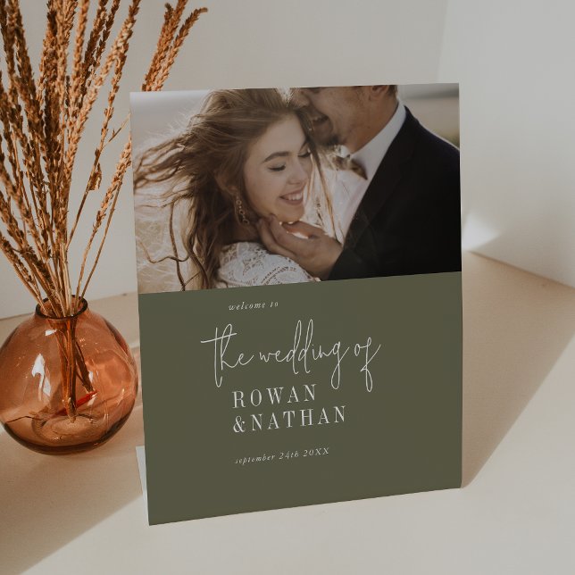 Modern Chic Olive Green Photo Wedding Welcome Pedestal Sign (Creator Uploaded)