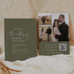 Modern Chic Olive Green QR Code Photo Wedding Invitation<br><div class="desc">This modern chic olive green QR code photo wedding invitation is perfect for a simple wedding. The woodsy boho design features rustic unique and stylish bohemian typography in a minimal woodland forest green colour. Personalise your invitation with 3 engagement photos on the back. Include a QR code for your guests...</div>