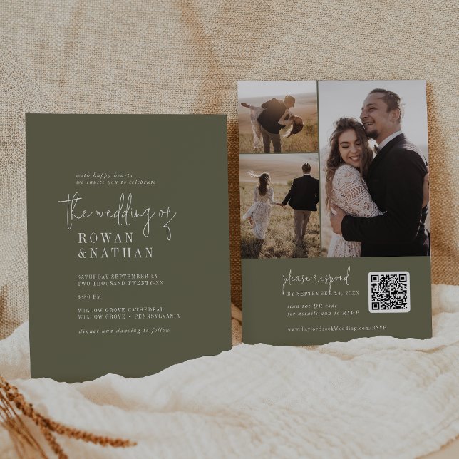 Modern Chic Olive Green QR Code Photo Wedding Invitation (Creator Uploaded)