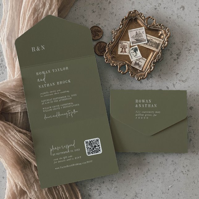 Modern Chic Olive Green QR Monogram Wedding All In One Invitation (Creator Uploaded)