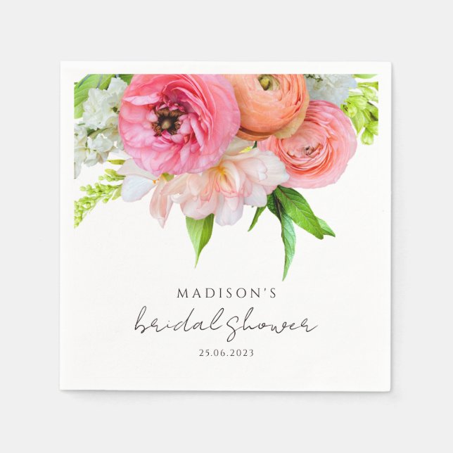Modern Chic Orange Pink Floral Bridal Shower Napkin (Front)