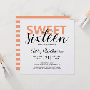Modern Chic Orange White Stripes Sweet 16 Invitation