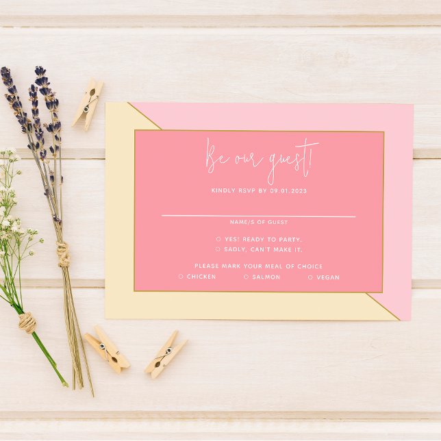 Modern Chic Pastel Pink Cream Gold Script Wedding RSVP Card (Creator Uploaded)