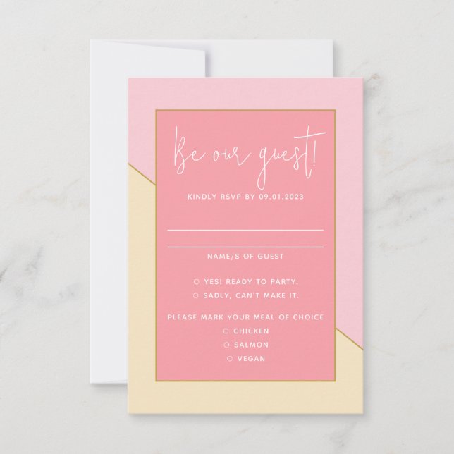 Modern Chic Pastel Pink Cream Gold Script Wedding RSVP Card (Front)