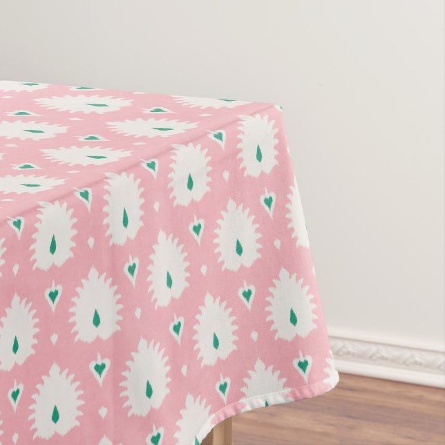 Modern chic pastel pink green ikat pattern tablecloth (In Situ)
